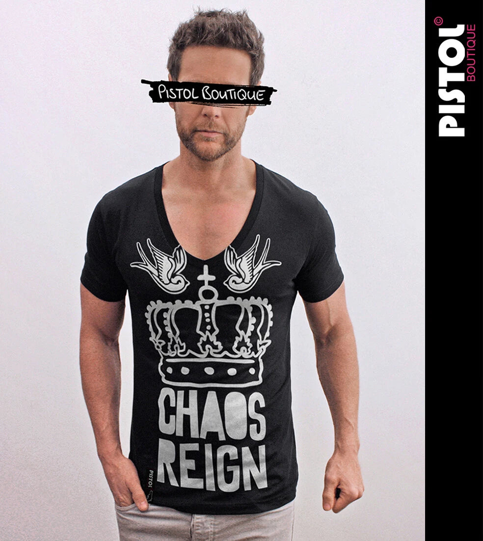 Pistol Boutique Herren Slim Fit Schwarzes Deep V-Neck T-Shirt Crown Jersey