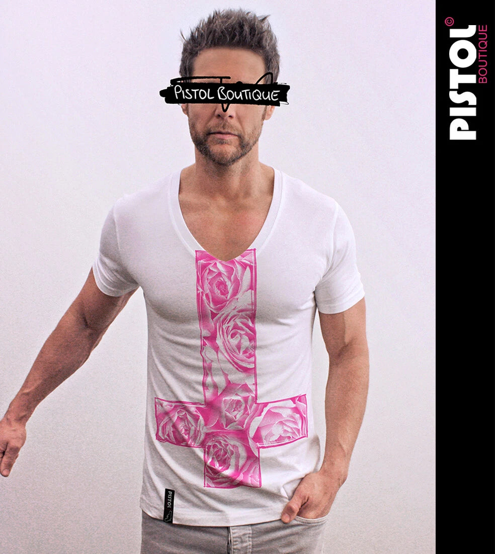 Pistol Boutique Mens Fitted White Deep V neck SKETCH ROSES CROSS Flowers T-shirt