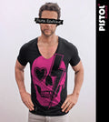Pistol Boutique Mens Fitted Black Deep V neck BOWIE LIGHTNING BOLT SKULL T-shirt
