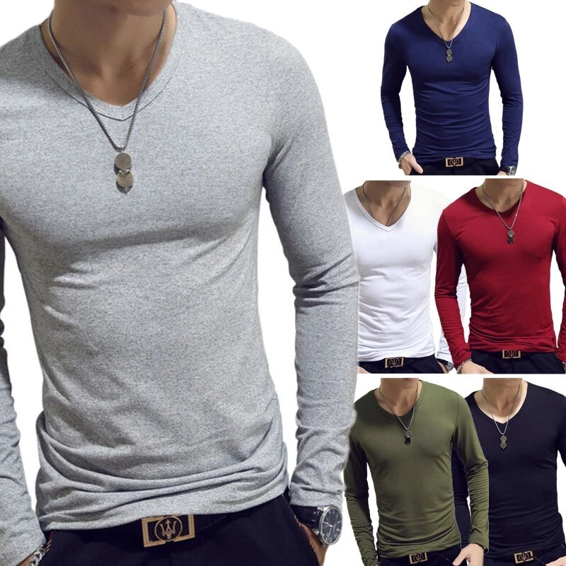 Mens Slim Fit Tops Muscle Long Sleeve Solid Tee Shirts Gym Workout AU