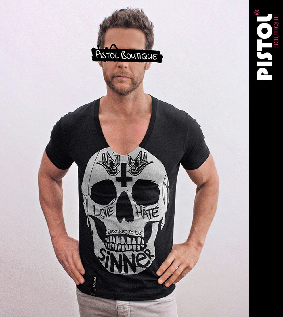 Pistol Boutique Mens Fitted Black Deep V neck SINNER SWALLOW CROSS SKULL T-shirt