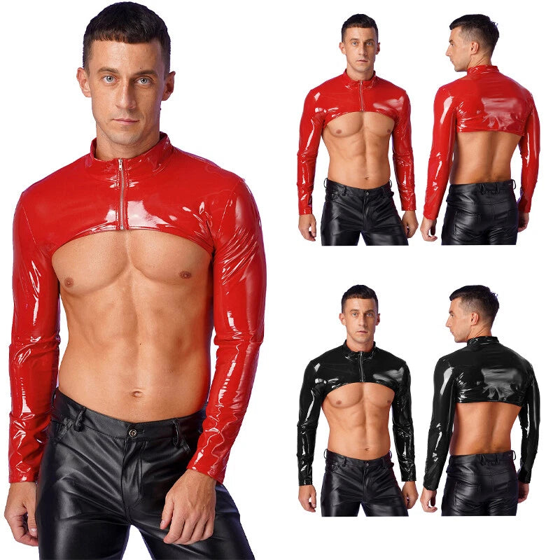Mens Shrug Front Zipper Clubwear Halloween Crop Top Stand Collar Slim Top