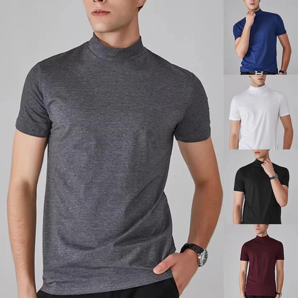 Men For Slim Fit Short Sleeve T Shirt Half High Collar Solid Color Base Top
