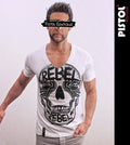Pistol Boutique Men's Fitted White Deep V neck REBEL SWALLOWS EYE SKULL T-shirt