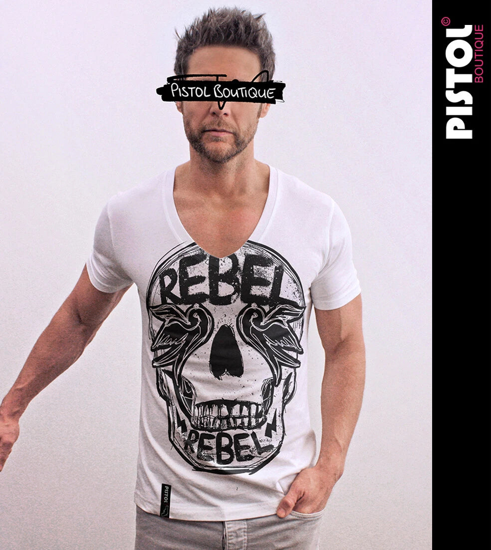 Pistol Boutique Men's Fitted White Deep V neck REBEL SWALLOWS EYE SKULL T-shirt