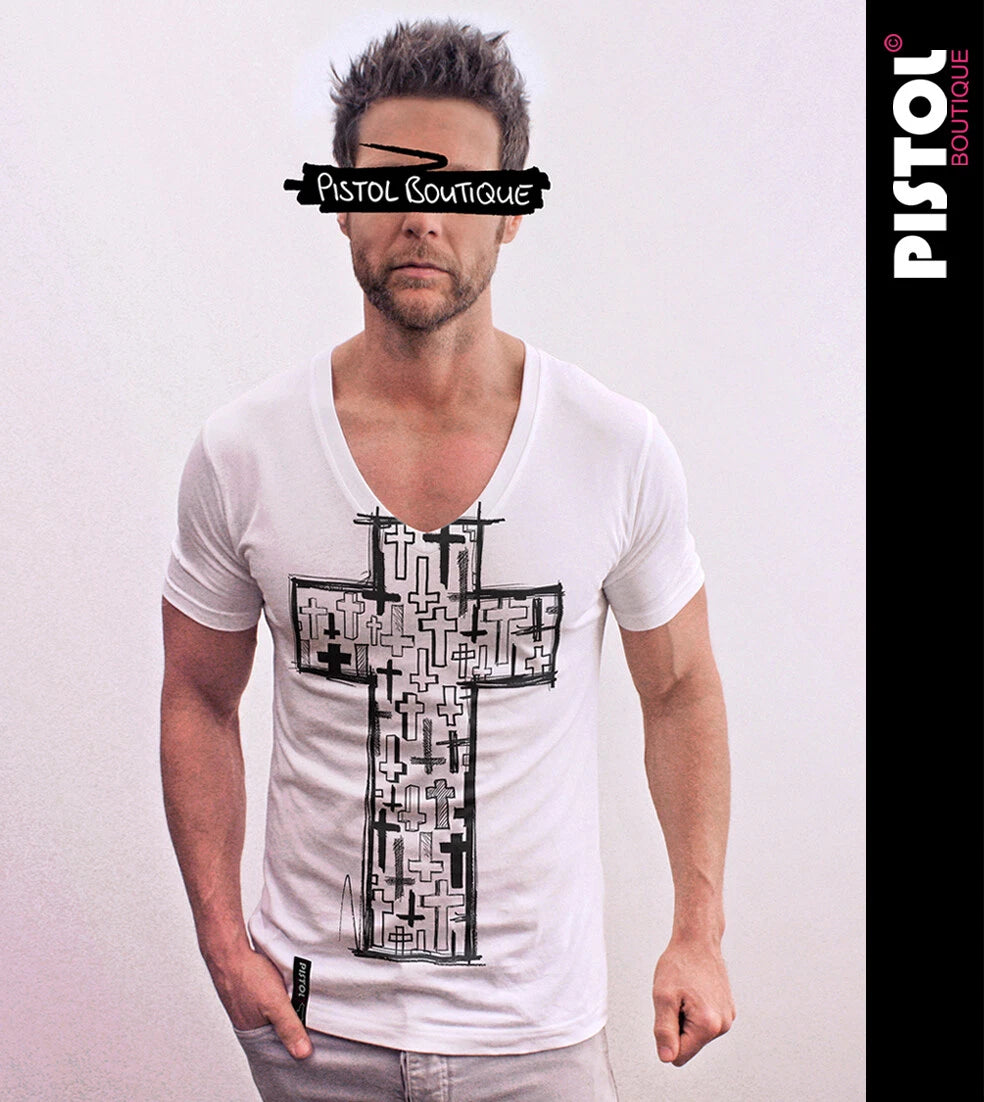 Pistol Boutique Herren Slim Fit Weißes Deep V-Ausschnitt T-Shirt Cross Sketch
