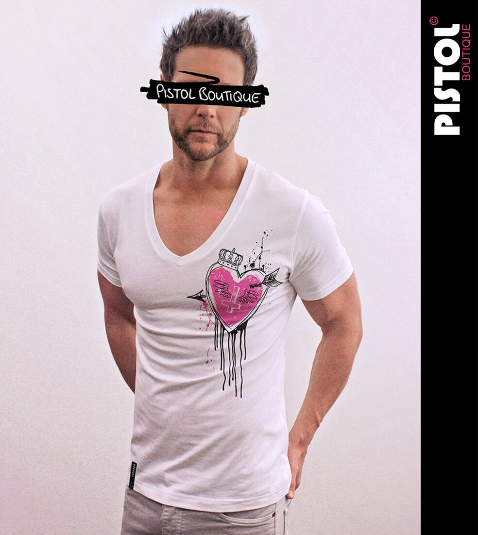 Pistol Boutique Men's Slim Fit Cotton White Deep V Neck Short Sleeve T-Shirt