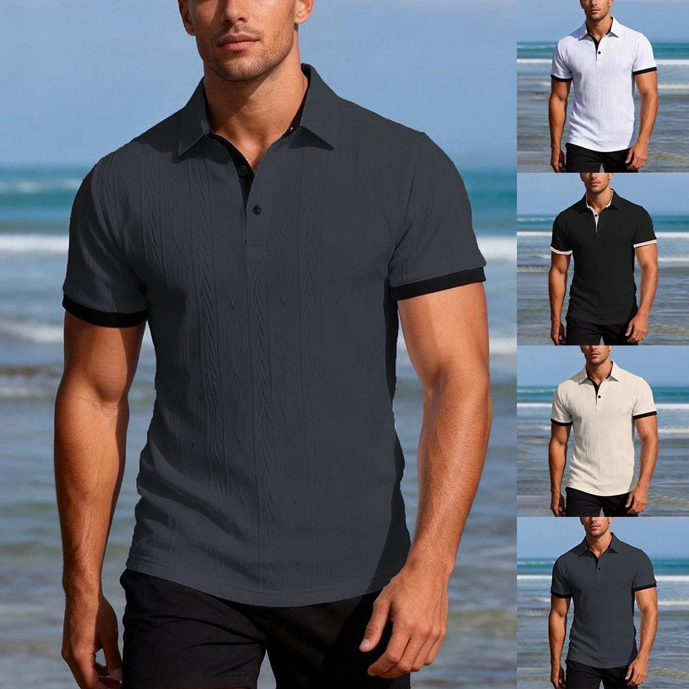 Button Down Collar Short Sleeve Jacquard T-Shirt Men Streetwear Slim Fit