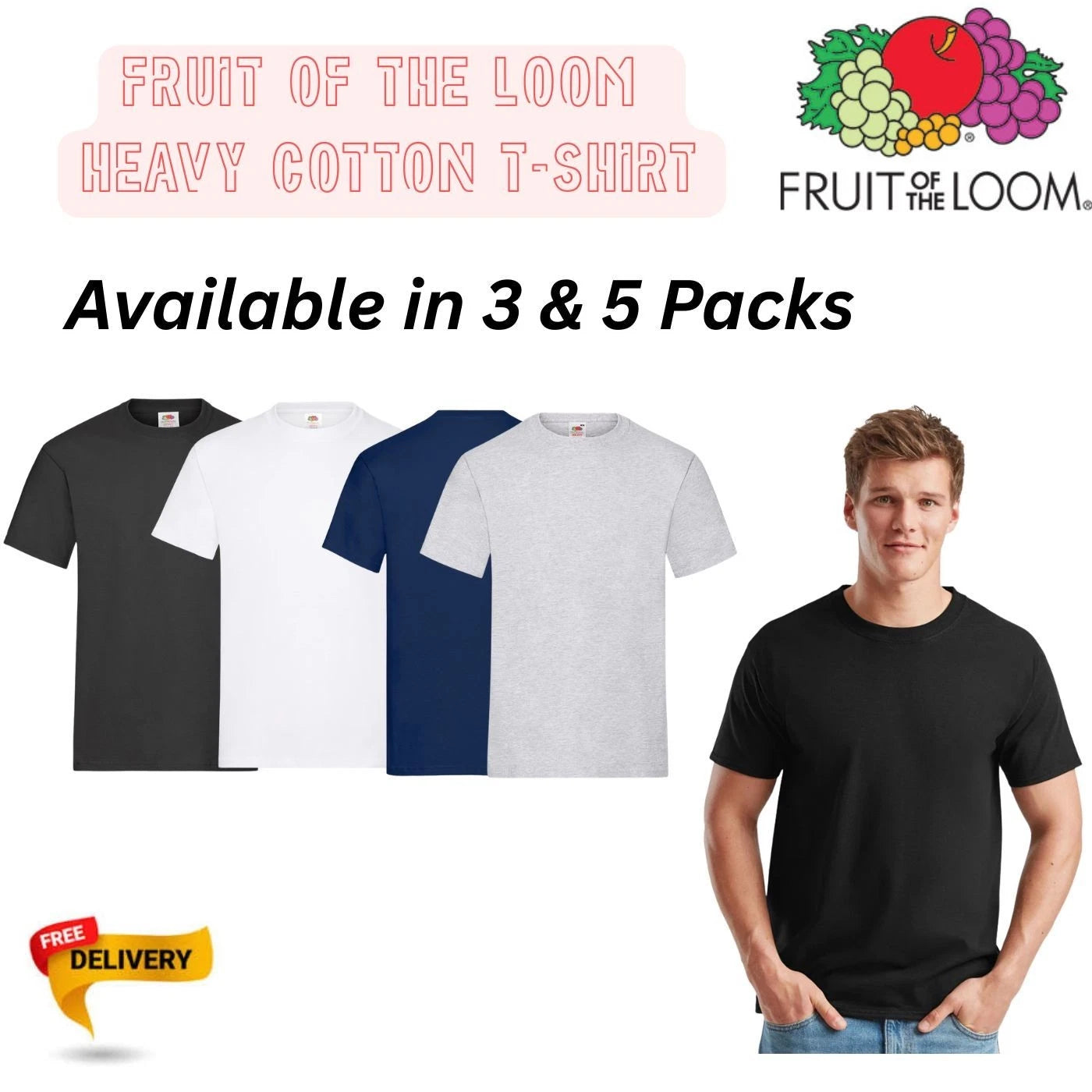 3 & 5 pack Fruit Of The Loom Summer T-shirt Men's Heavy Cotton Plain T-Shirts