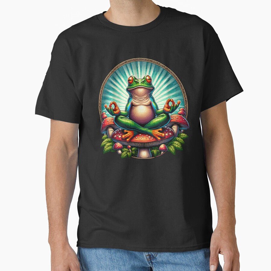 Zen Frog on Mushroom Yoga Design – Cute Meditating Frog Nature Artwork by Graphic Botique