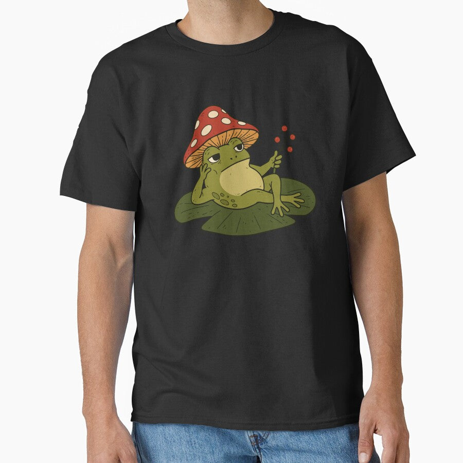 Grumpy Frog with Mushroom Hat – Cottagecore Cute Toad by cladeart
