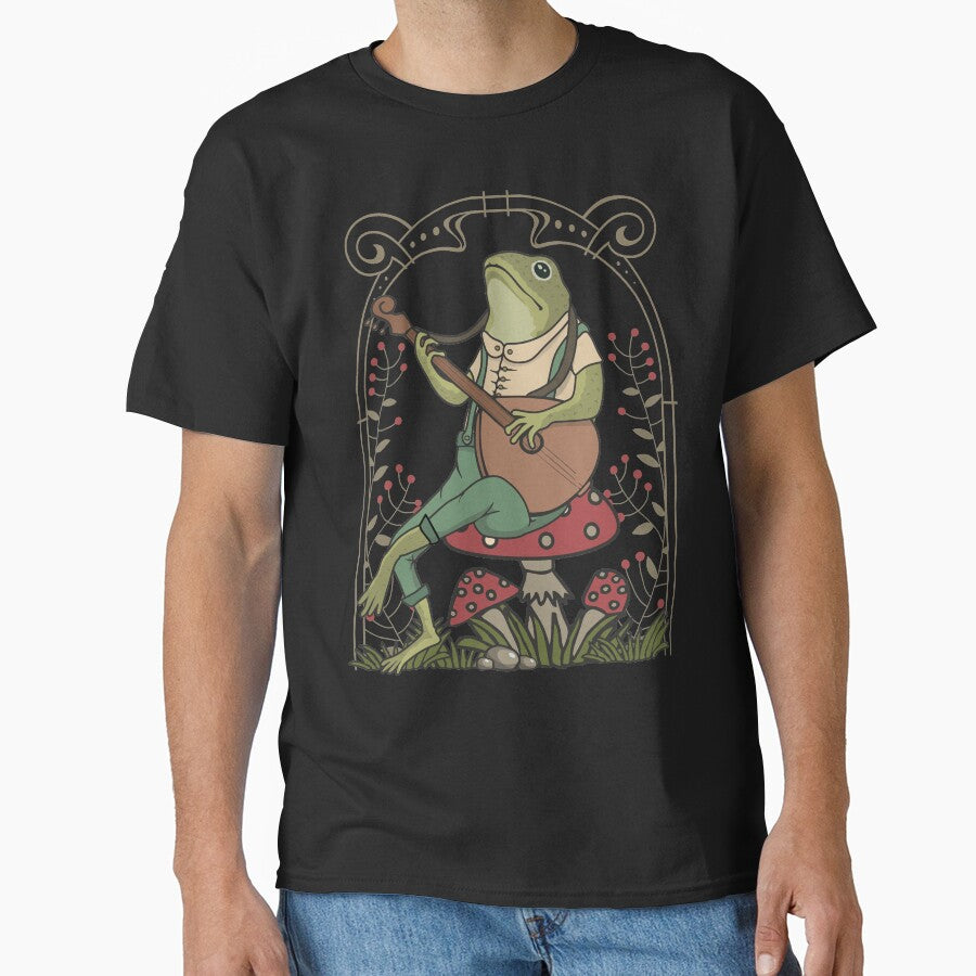 Cute Cottagecore Frog Playing Banjo Sitting On A Mushroom Naturecore Aesthetic Retro Art by alenaz