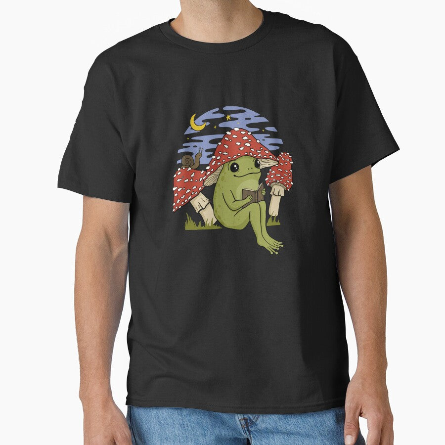 Cute Cottagecore Frog in Mushroom Hat Reading a Book: A Goblincore Toad Bookworm with Snail and Toadstool Features Enjoying a Night Sky in a Fairycore Psychedelic Vintage Setting by MinistryOfFrogs