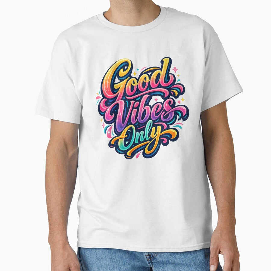 Good Vibes Only Typography – Colorful Retro Gradient Lettering Design, Positive Quote Aesthetic Sticker, T-Shirt & Wall Art by maddy9512