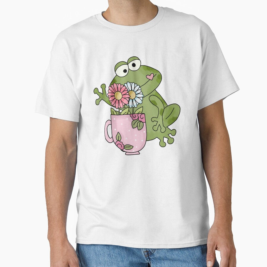 Cottagecore aesthetic cute frog holding flowers and a cup by HopItStudio