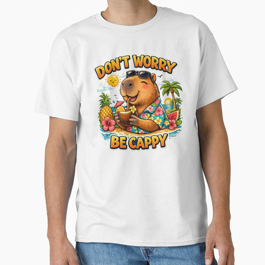 DON’T WORRY BE CAPPY – Cute Capybara Drinking Cocktail | Funny Tropical Summer T-Shirt by Respawn Society