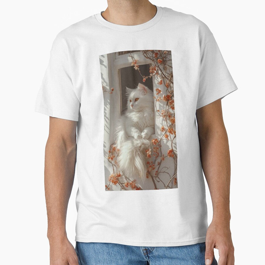 Elegant White Cat Resting by a Blooming Window by Jesus-istheway