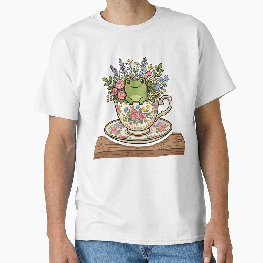 Frog sitting inside teacup with flowers, cozy cottagecore design by ArtsyExplorer
