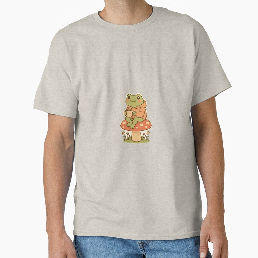 “Cozy Frog Drinking Coffee Cottagecore Mushroom Sticker” by Valriogd