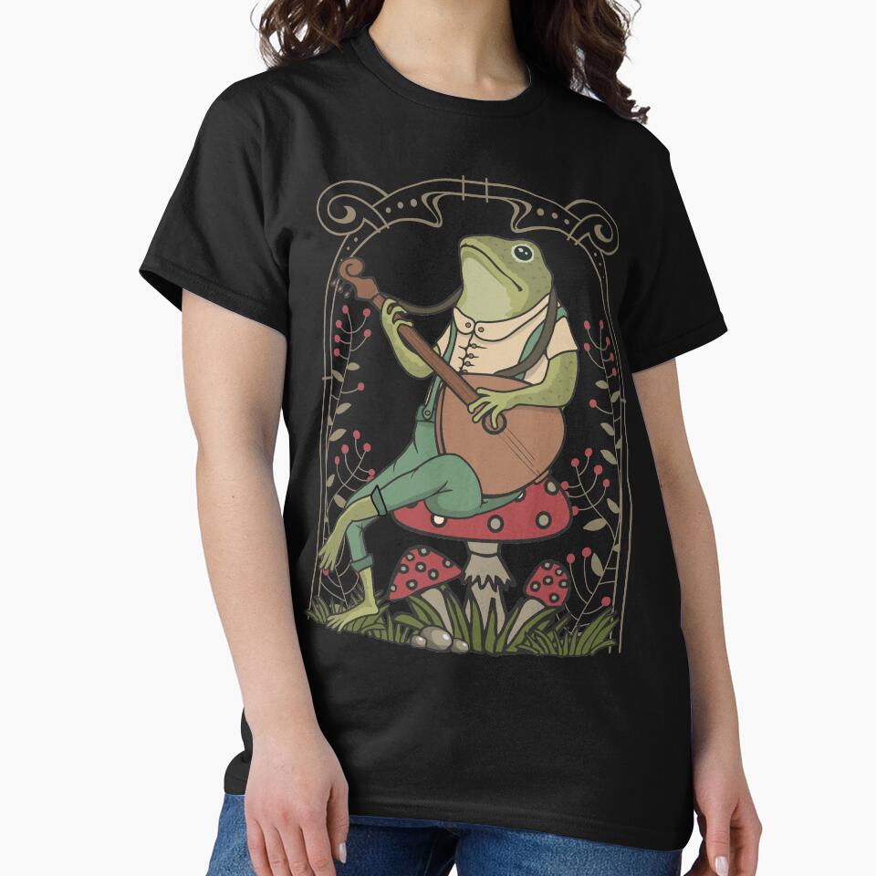 Cute Cottagecore Frog Playing Banjo Sitting On A Mushroom Naturecore Aesthetic Retro Art by alenaz