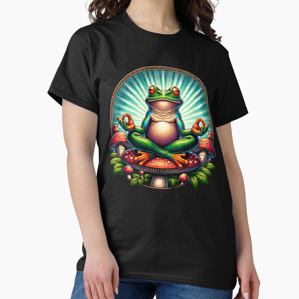 Zen Frog on Mushroom Yoga Design – Cute Meditating Frog Nature Artwork by Graphic Botique
