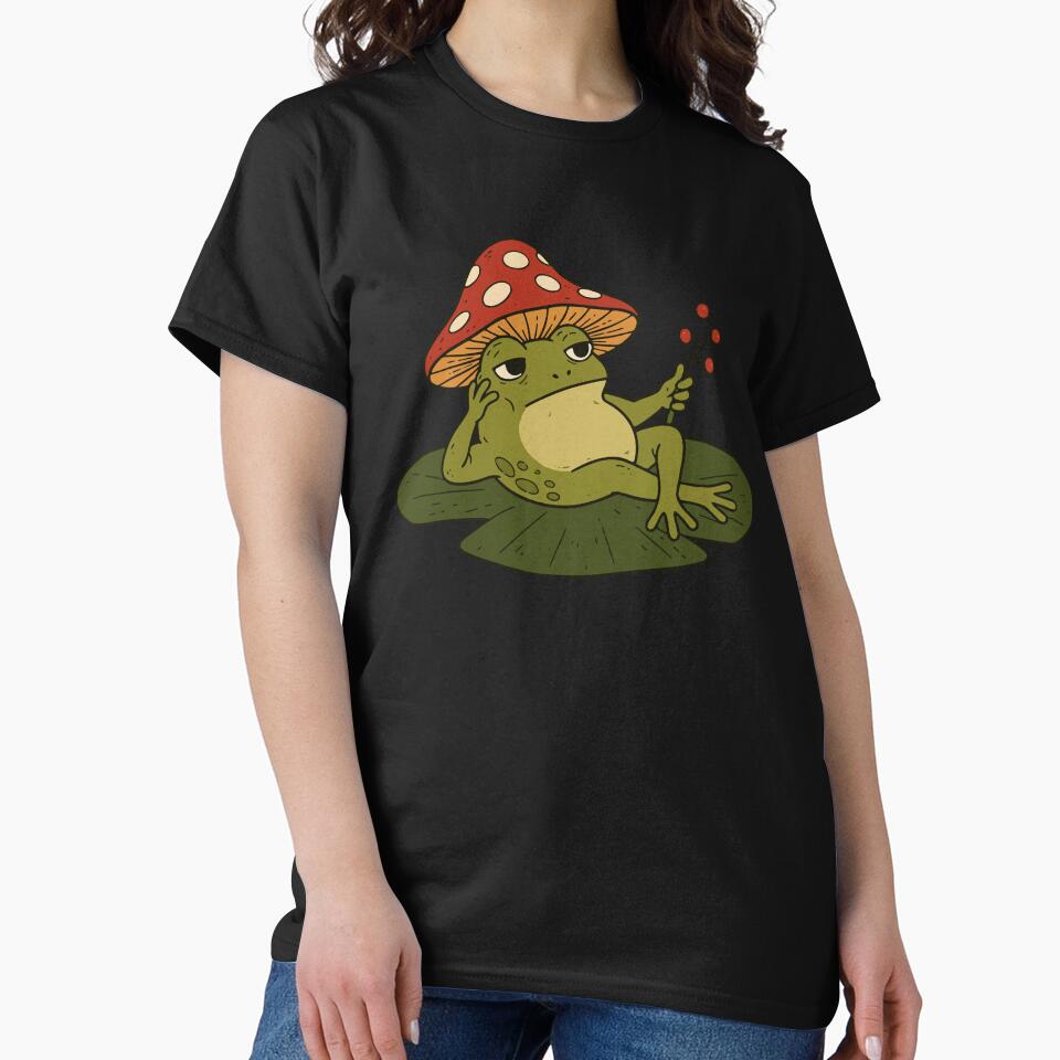Grumpy Frog with Mushroom Hat – Cottagecore Cute Toad by cladeart
