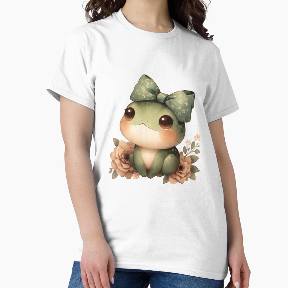 Cottagecore Frog with Bow and Flowers,Watercolor Cute Frog Art by Adorablehaunts