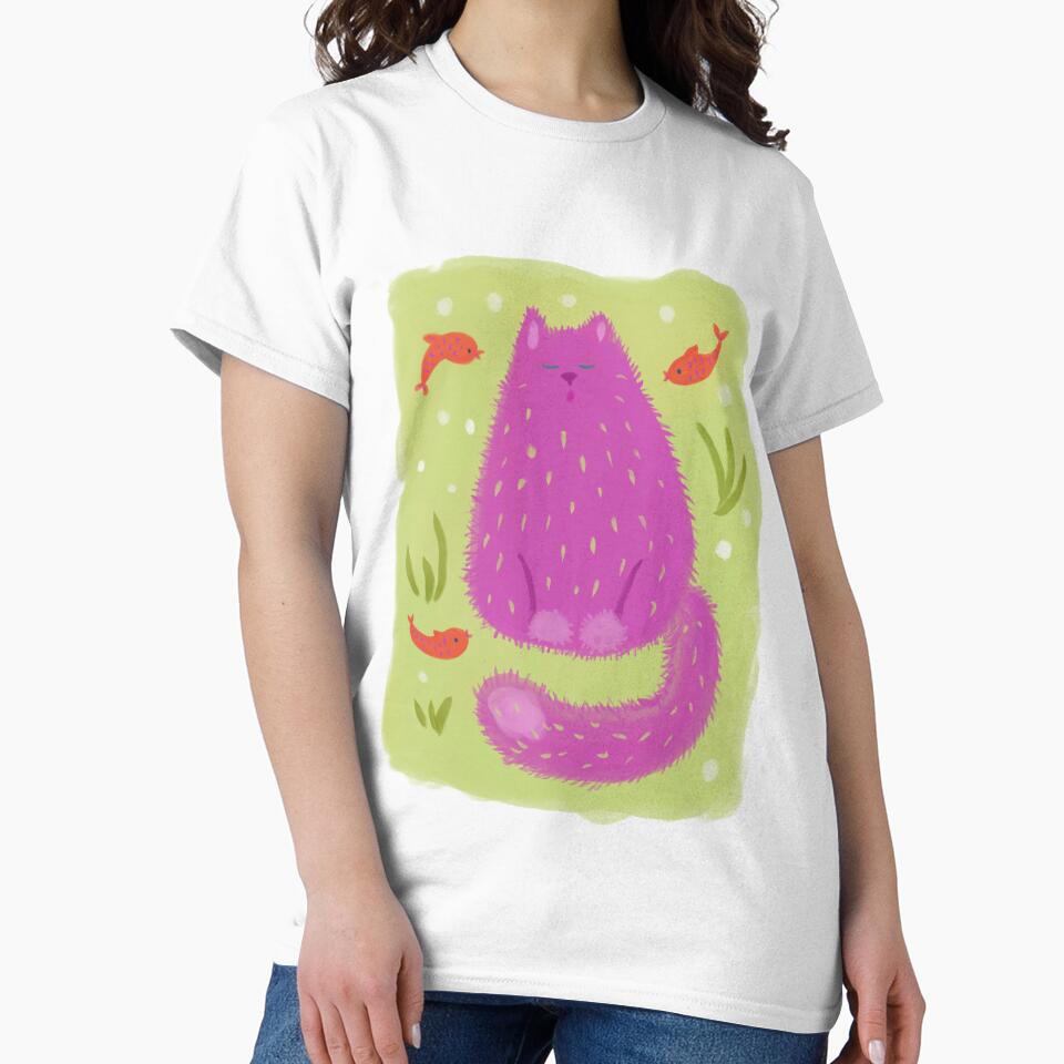 Purple Cat and Red Fishs – Abstract Painting on Green Background by jsapro