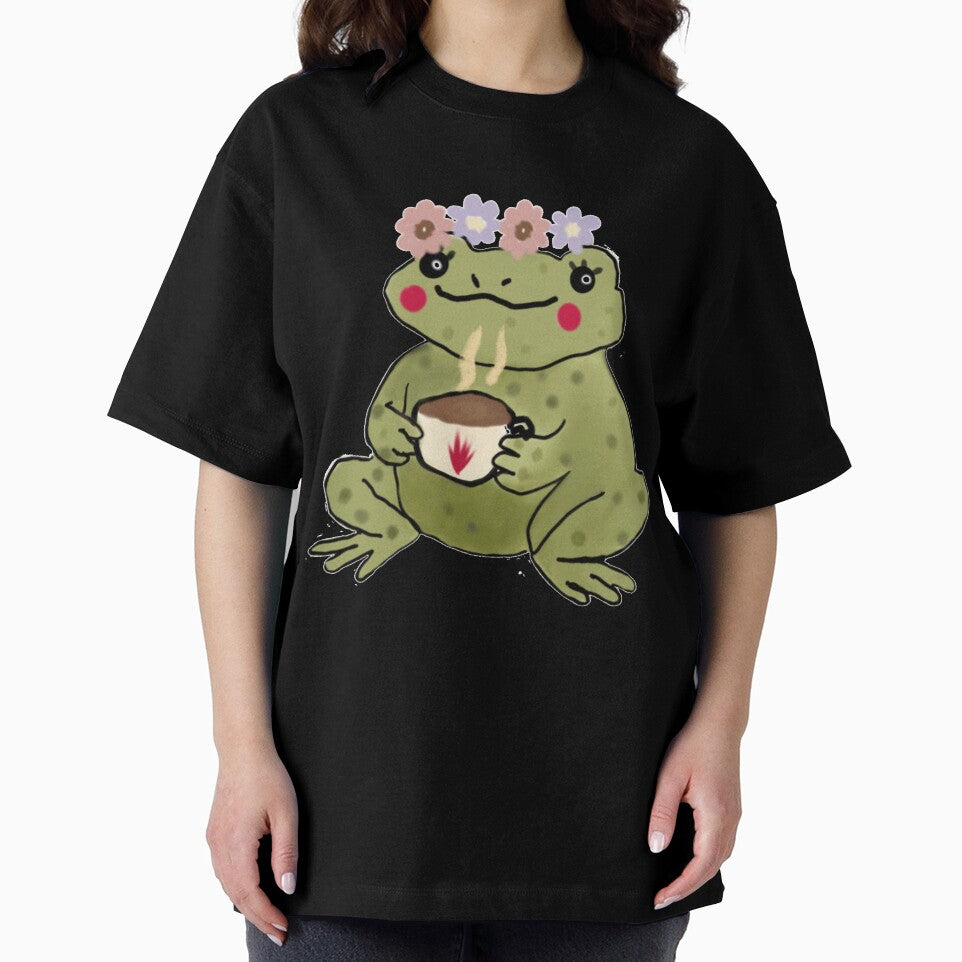 Cozy Frog with Flower Crown and Tea – Cottagecore Vibes by spisc01