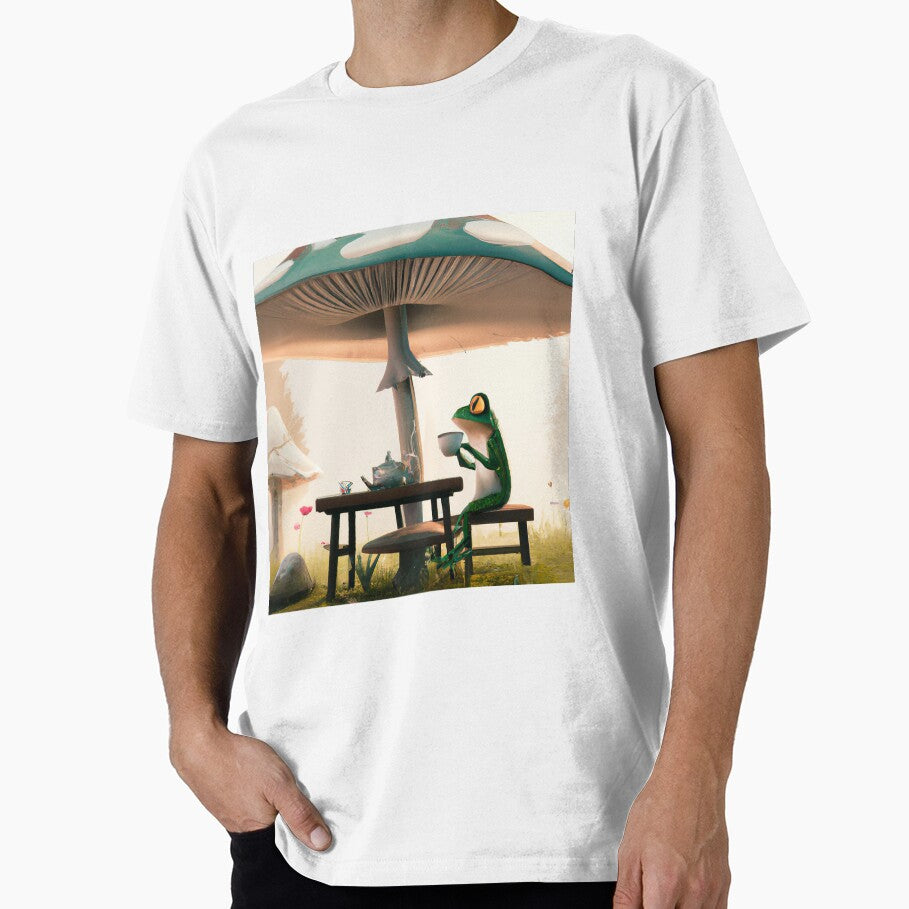 Cute Frog Relaxed in the Forest sitting on a bench drinking tea by funwaridigital